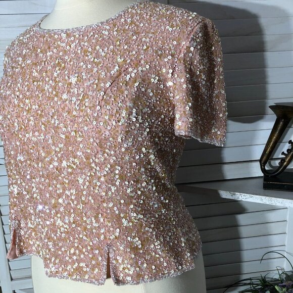 Vintage Beaded Sequined Pink Silk Blouse XL - Picture 11 of 14